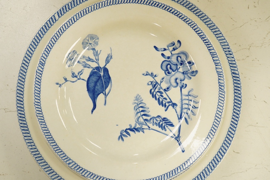 Ten 19th century Wedgwood blue and white ‘’botanical’’ decorated dishes, largest 25cm in diameter. Condition - fair